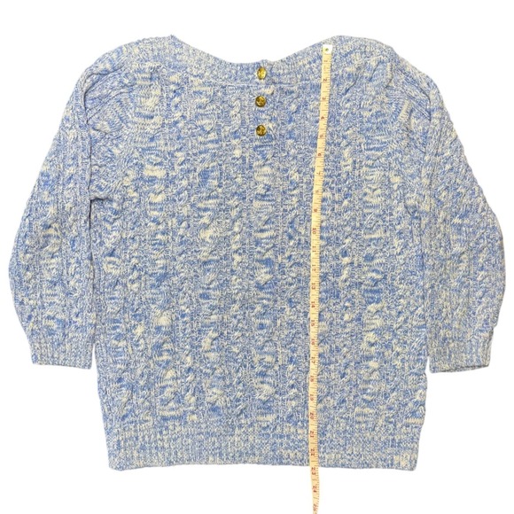 Lands End Blue White Cable Knit Sweater Gold Button Pullover Women Large - Picture 6 of 7